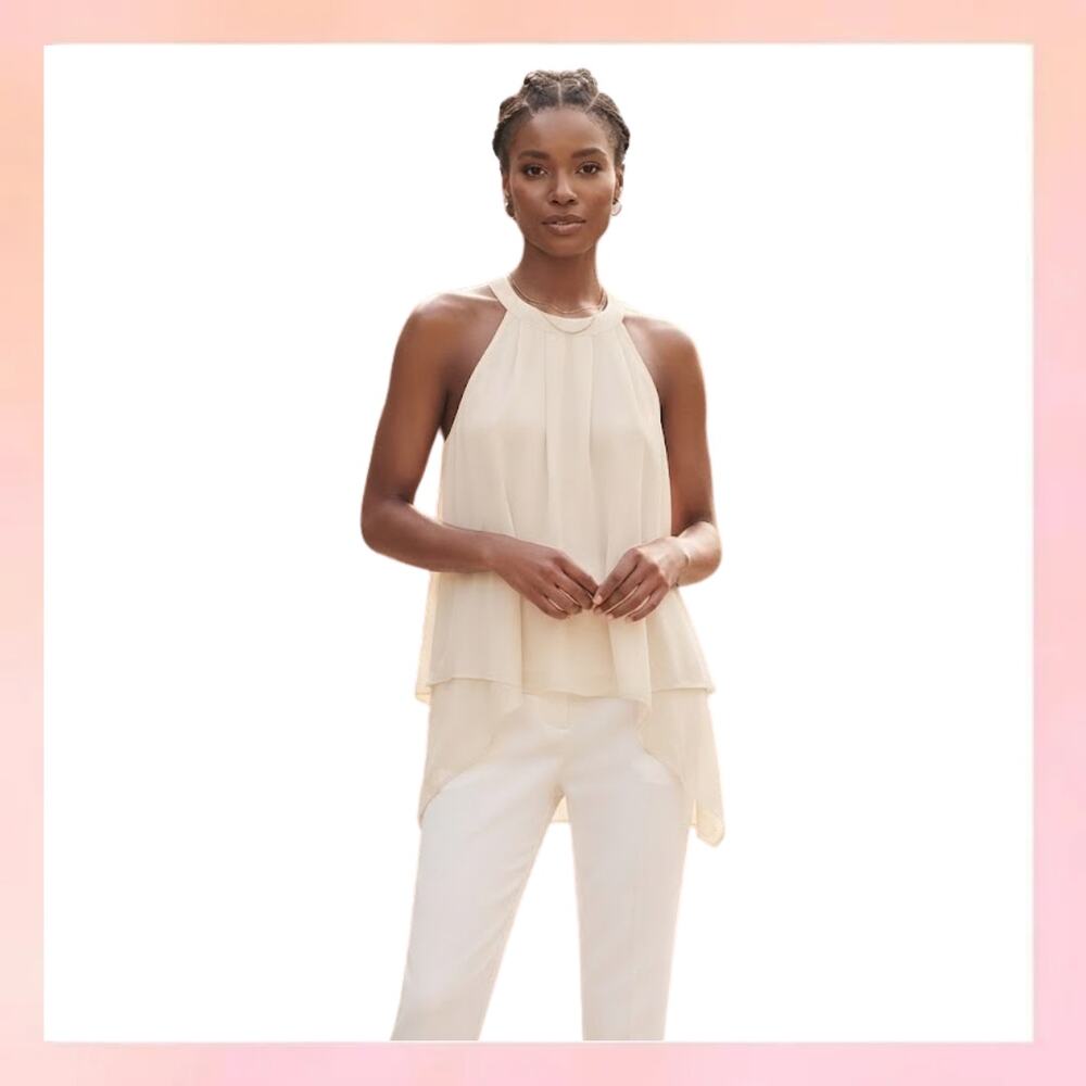 Forever 21 Cream Chiffon Halter Layered High-Low Top Blouse Large